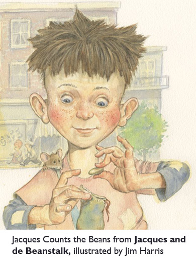 ‘Jacques Counts the Beans’ from Jacques and de Beanstalk, the Cajun-style Jack and the Beanstalk fairy tale, illustrated by Jim Harris.